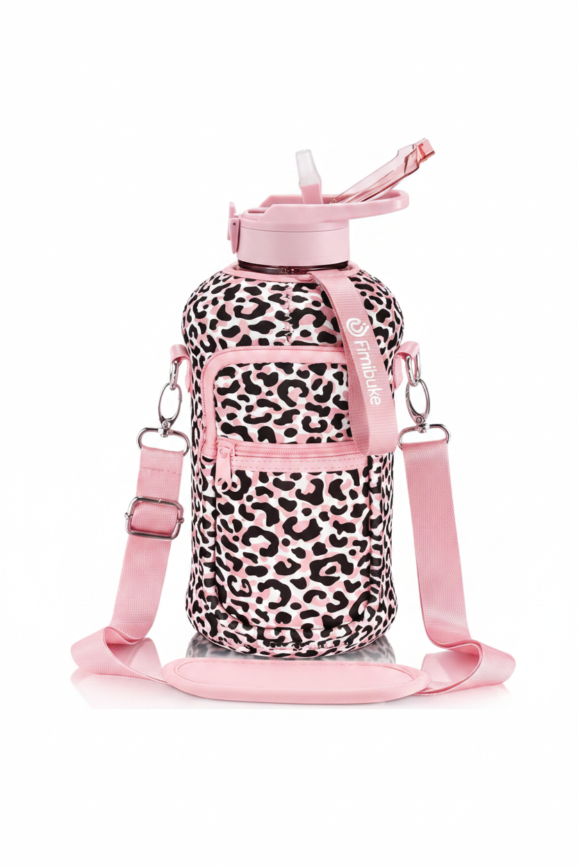 Pink Leopard print Water Bottle with strap!